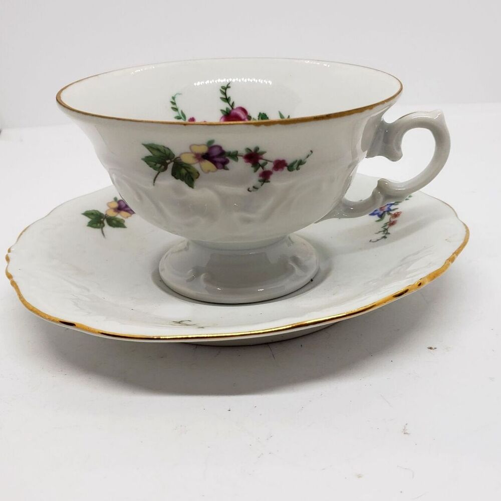 Walbrzych china poland tea cup and saucer floral gilded embossed